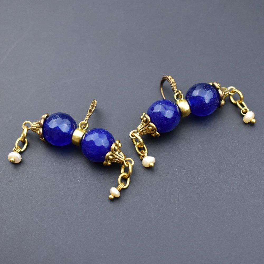Cobalt blue stone chunky earrings, unusual handmade boho dangle earrings OOAK